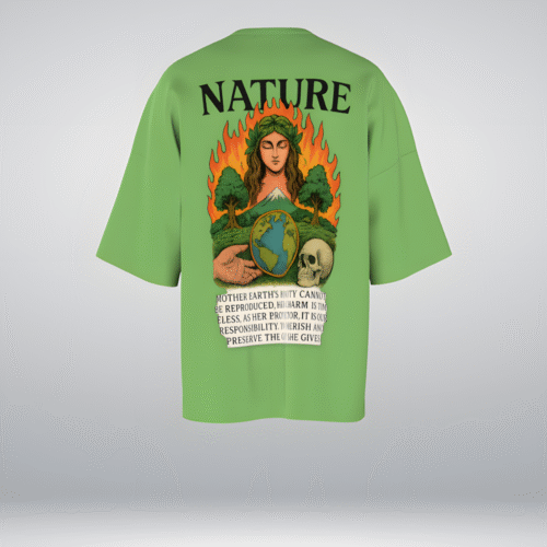 Camiseta oversize verde de algodón premium con estampado urbano Nature: ilustración de la Madre Tierra rodeada de fuego y árboles, sosteniendo el planeta junto a una calavera. Moda urbana con mensaje ambiental y estilo artístico.